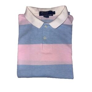 VTG 90s Polo Ralph Lauren S/S Rugby Stripe Shirt USA XL Preppy Pastel Pink Blue